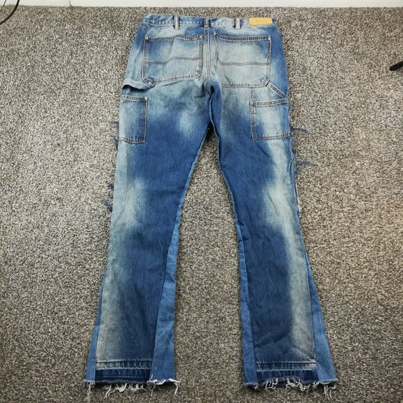 MNML Jeans B118 Work Flare Denim Blue Patchwork Pants Mens 34x34 - Picture 4 of 9